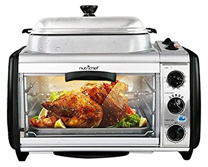 NutriChef Dual Countertop Toaster Oven - Perfect for Multi Baking Sear Simmer Saute & Rotisserie - Include Kitchen Bakeware Set Cooking Pot Wire Grill & Bake Tray with 27+ Quart Food Capacity PKMFT027
