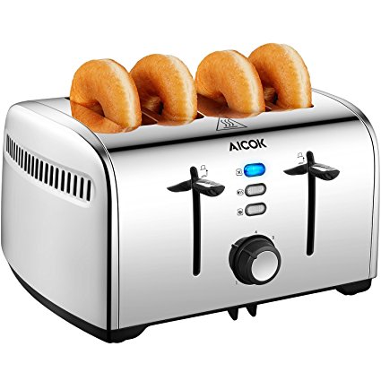 Aicok Toaster, 4-Slice Toaster with 7 Browning Control, Defrost/Bagel/Cancel Function, Extra Wide Slots, Removable Crumb Tray, Smooth Stainless Steel, 1500W, Silver