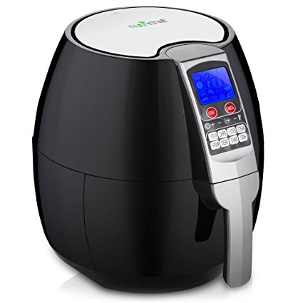 NutriChef Electric Hot Air Fryer Oven w/ Digital Display - Big 3.7 Qt Capacity Stainless Steel Kitchen Oilless Convection Power Multi Cooker w/ Basket, Pan - Use for Baking, Grill - PKAIRFR54 (Black)