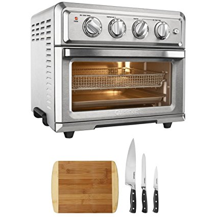 Cuisinart Convection Toaster Oven Air Fryer with Light Silver (TOA-60) with Cuisinart Triple Rivet Collection 3-Piece Knife Set & Premium Two Tone Bamboo Cutting Board
