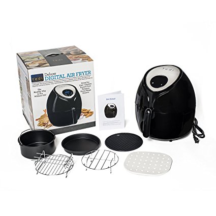 Air Fryer, 5.8 Quart Size, with Recipes, 50 perforated steaming papers, 8 inch cake carrel, 8 inch pizza pan, multi-purpose rack, 3 stainless steel skewers, metal holder, rubber mat by Yedi Houseware