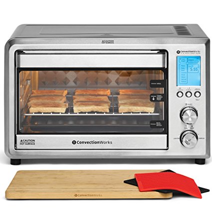 ConvectionWorks® Hi-Q Intelligent Oven Set 9-Slice XL Convection Countertop Toaster Oven w/ Bamboo Cutting Board (10 Accessories, Rotisserie & Spit Included), 1500 Watt, Stainless Steel, Teflon-free
