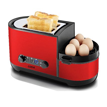 COSVII Red Toaster 2 Slice with Egg Maker, Extra Wide Slots, Removable Crumb Tray, 7-shade Selector, Led Indicator Function, Cancel Function, Cool Touch Stainless Steel Toaster for Bread and Bagel