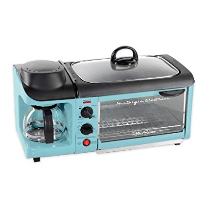 Nostalgia Electrics Retro Series 3-In-1 Breakfast Station in Blue Includes Coffee Maker, Griddle and Toaster Oven