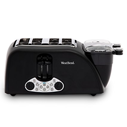 West Bend TEM4500W Quick Egg Bagel and Muffin Wide Slot Toaster with Removable Crumb Tray Features Meat or Vegetable Warming Tray with Egg Cooker and Poacher, 4-Slice, Black