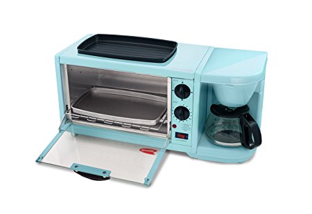 Elite Cuisine EBK-300BL Maxi-Matic 3-in-1 Multifunction Breakfast Center W/Toaster Oven, Griddle & Coffee Maker, Blue